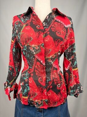 Le Caviar Red Abstract Print Tie Sleeve Blouse